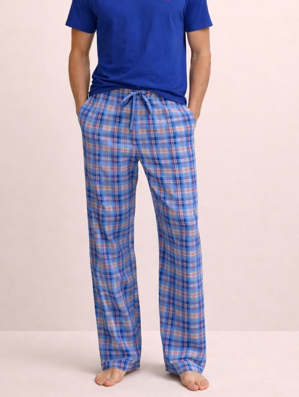 NEW Brooks Brothers Men's Pajamas Set Blue & Red Plaid Pants W/Royal Blue Tee XL